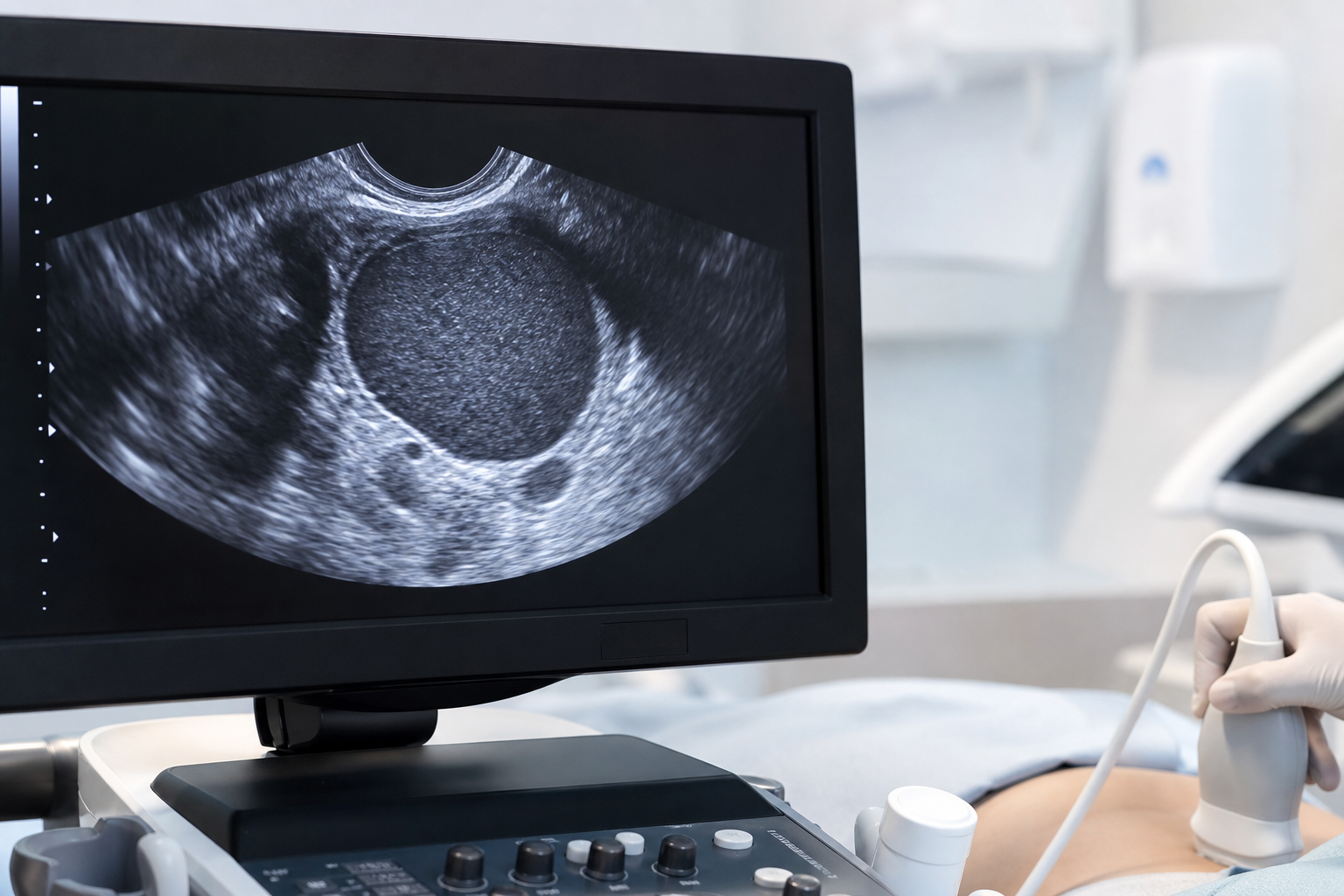 USG przezpochwowe — torbiel czekoladowa (endometrioma)